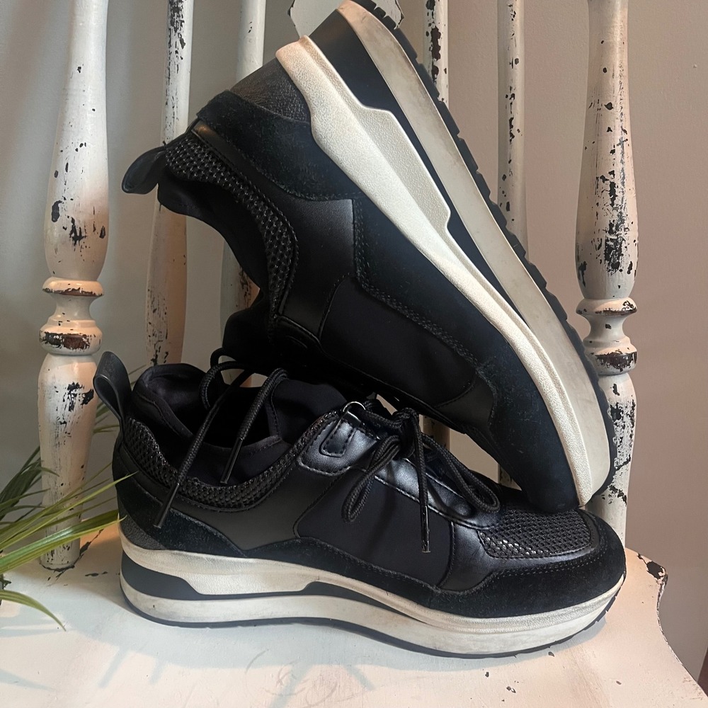 Michael Kors Wedge Sneakers Womens 9 Black Platform Logo Lace Up Shoes MK